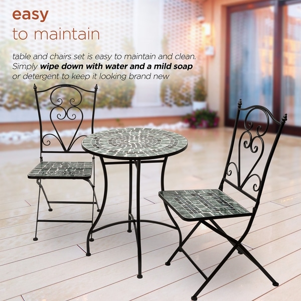 Alpine Corporation Indoor/Outdoor Marbled Glass Mosaic 3Piece Bistro Set Folding Table and Chairs Patio Seating