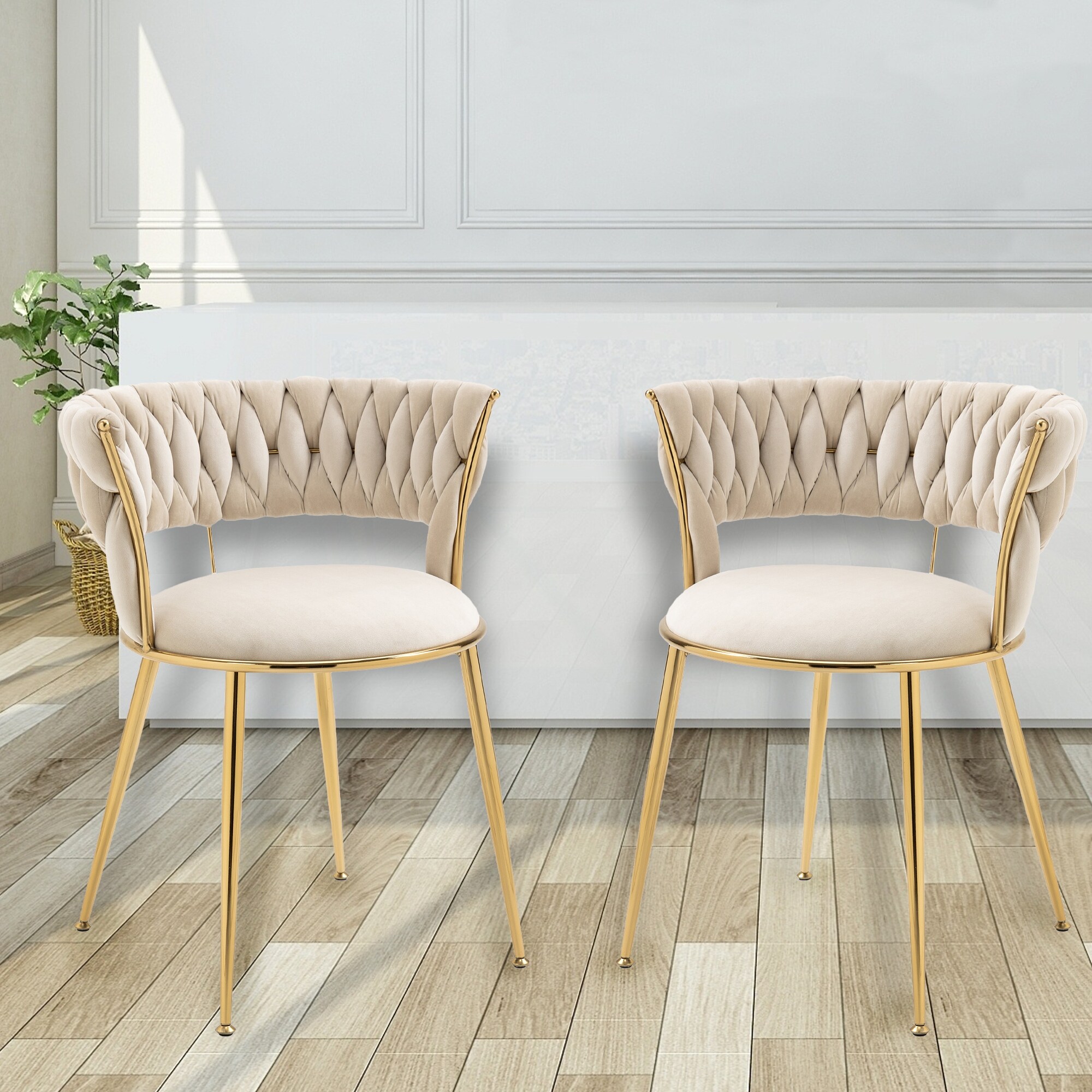 Modern Leisure Dining Chairs Set of 2， Velvet Upholstered Side Chairs with Gold Metal Legs