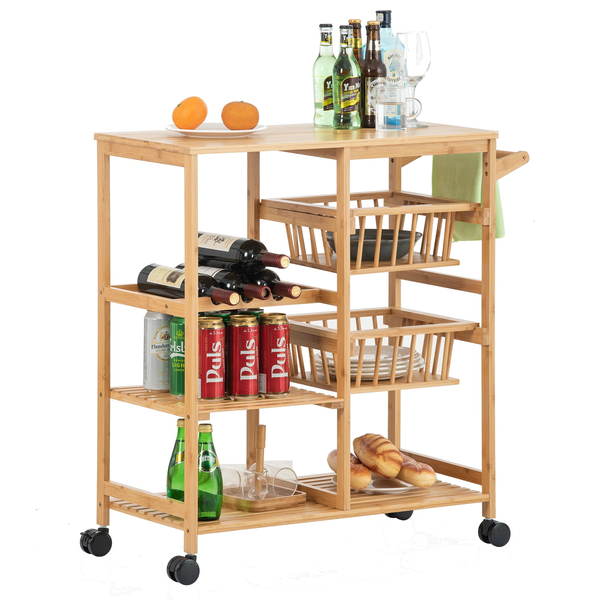 Bamboo Dining Cart, Kitchen Island Cart with Wood Tabletop