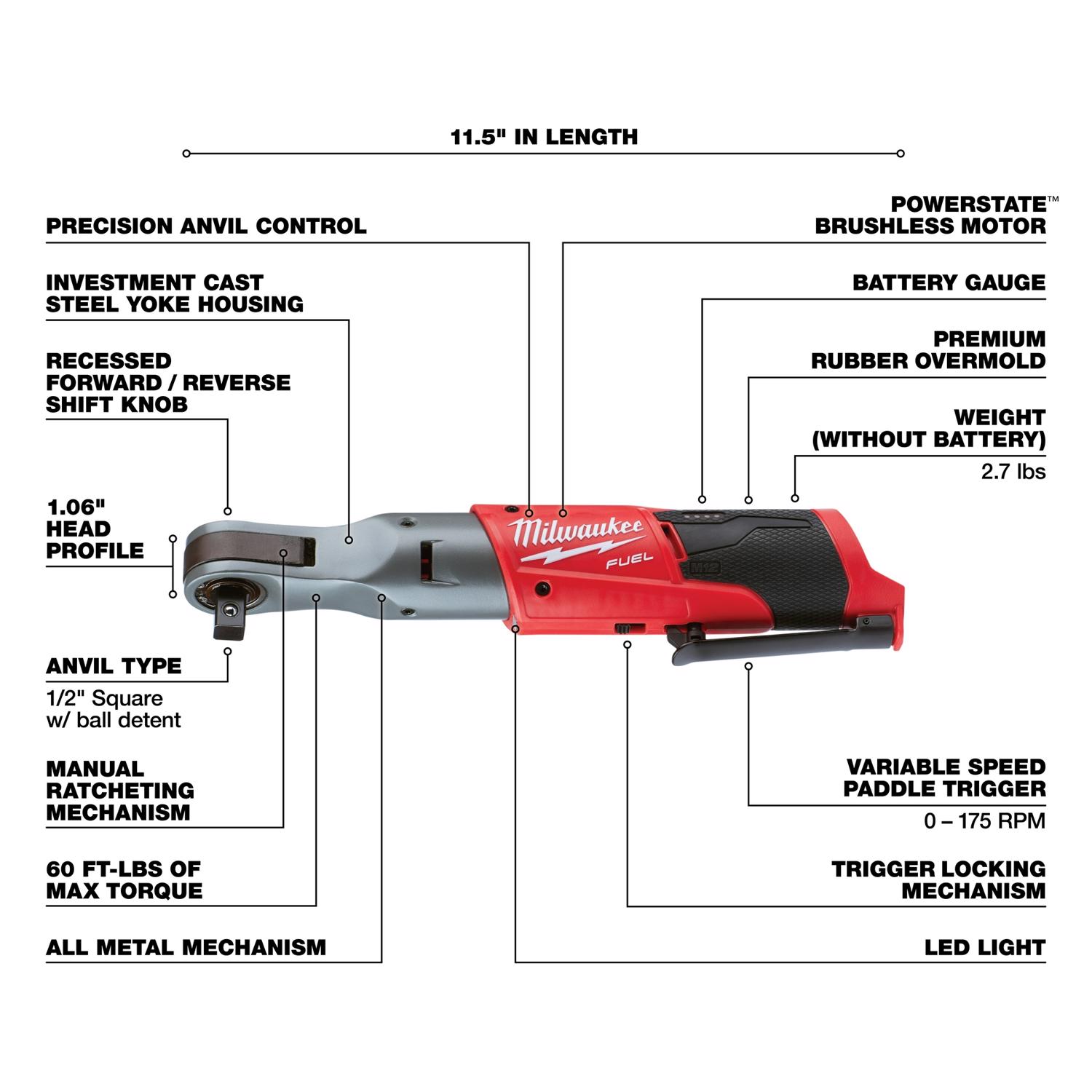 MW M12 FUEL 12 V 1/2 in. Brushless Cordless Ratchet Tool Only