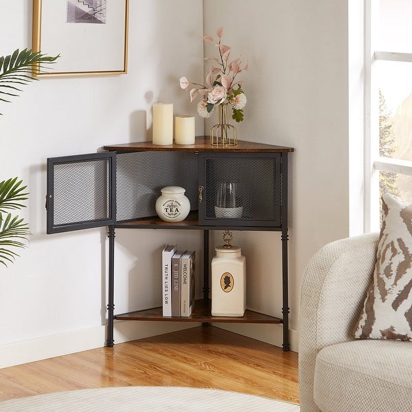 Triangle Side Table Set of 2 Corner Table with 3-tier Storage Shelf， Rustic Brown