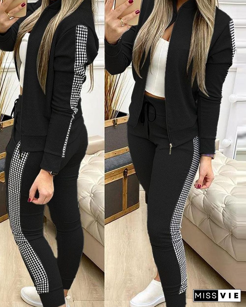 Contrast Plaid Jacket & Drawstring Pants Set P11046