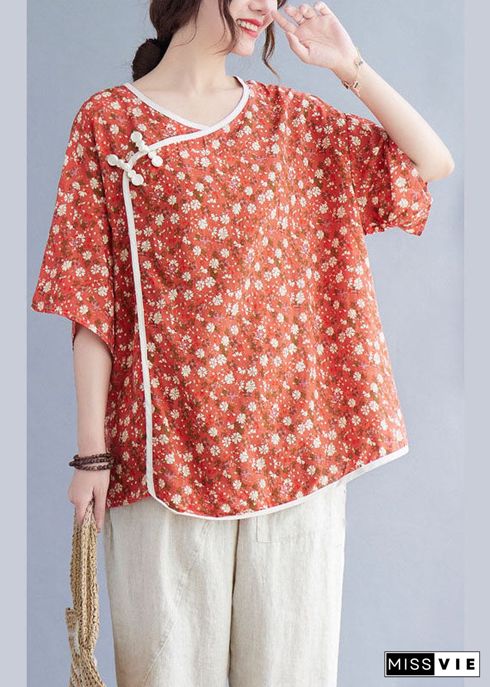 Stylish Orange retro Print Loose Fall Shirt Half Sleeve Top