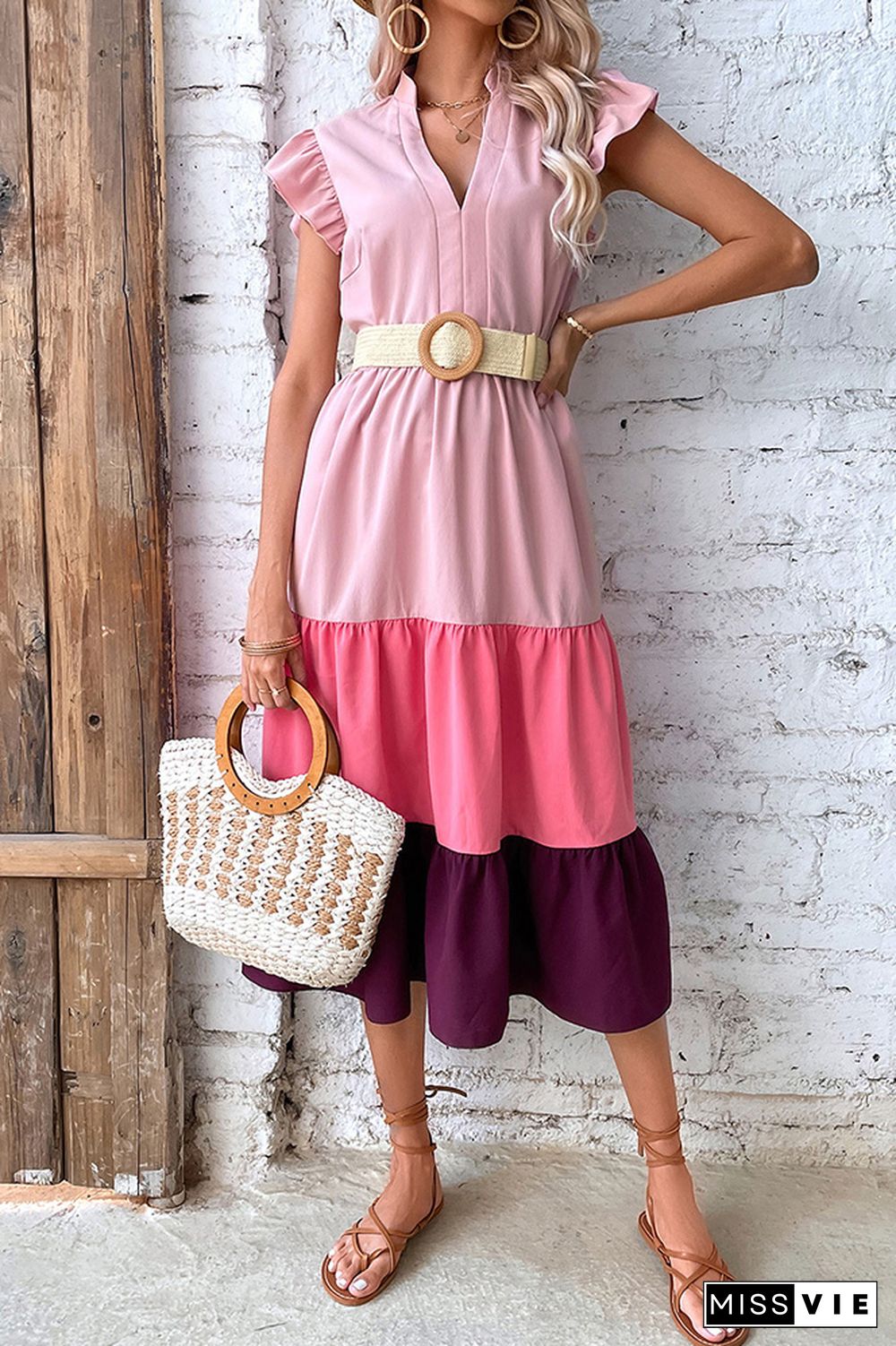 Pink Color Block Flutter Sleeves Tiered Maxi Dress