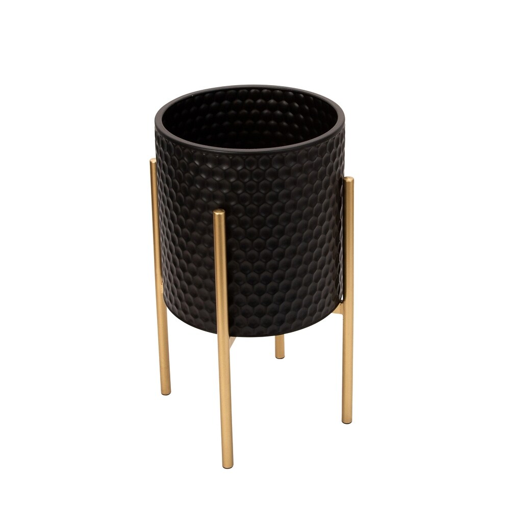 Set of 2 Honeycomb Planter Pots on Metal Stands  Indoor Outdoor  Black and Gold  14 L x 14 W x 23 H   14\