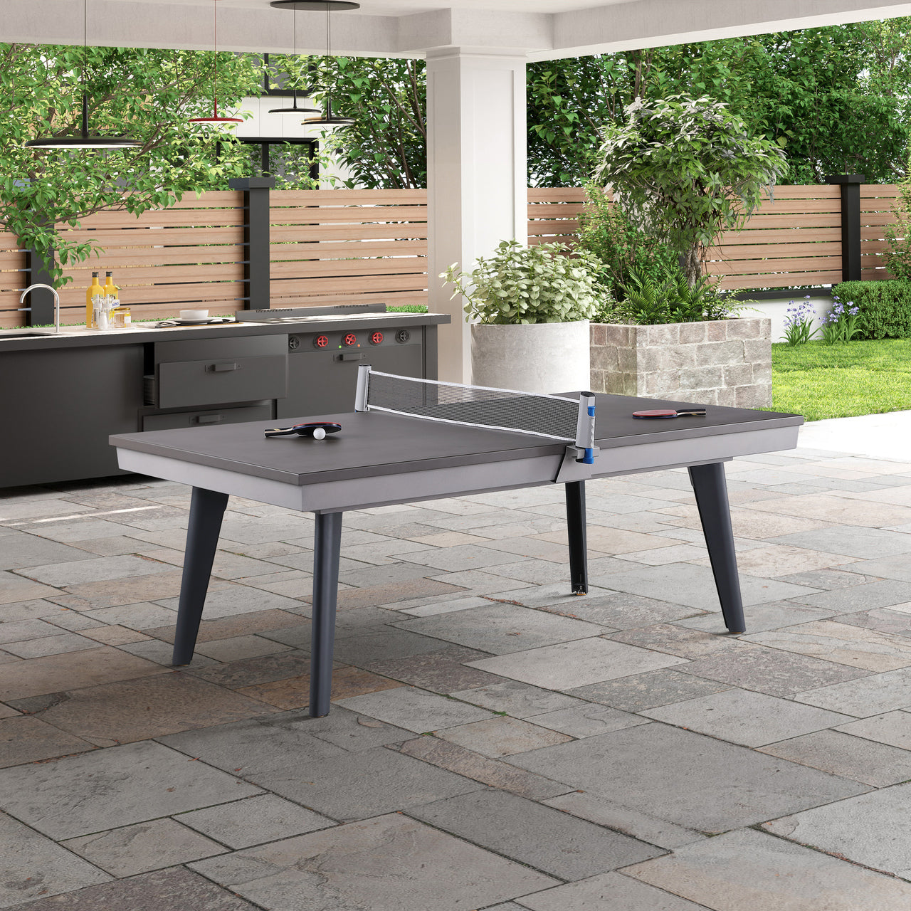 Playcraft Santorini 7’ Outdoor Slate Pool Table with Dining Top Benches and Ping Pong