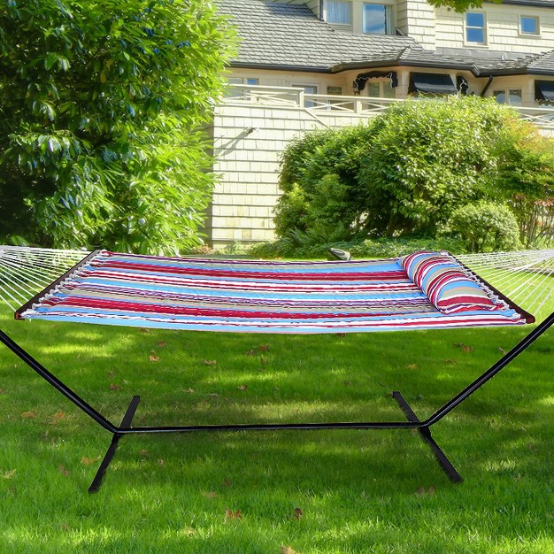 Sorbus Double Hammock With Stand Quilted Fabric Blue Red