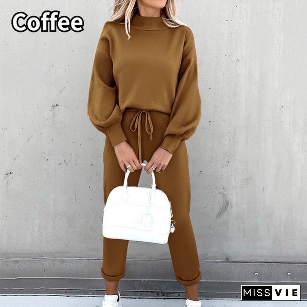 Women's Solid Color Turtleneck Sweatshirt With Drawstring Pants Casual Long Sleeve Pullover Sports Set Two Piece Outfit Plus Size Xxs-5Xl