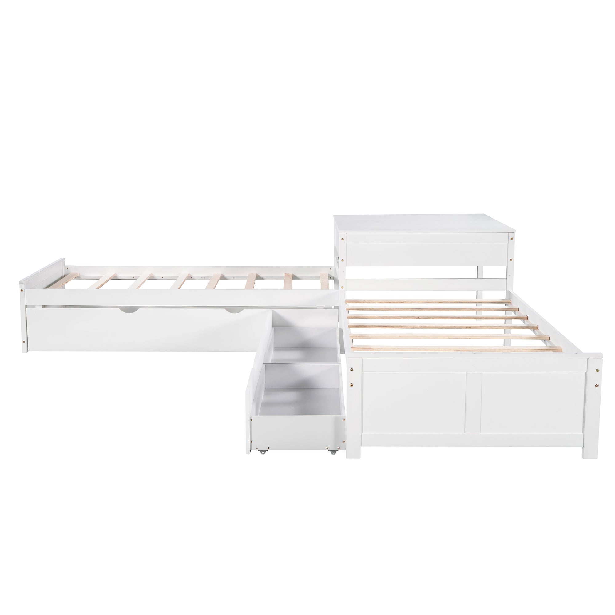 EUROCO Pine Wood L-Shaped Twin Platform Bed for Kids, White