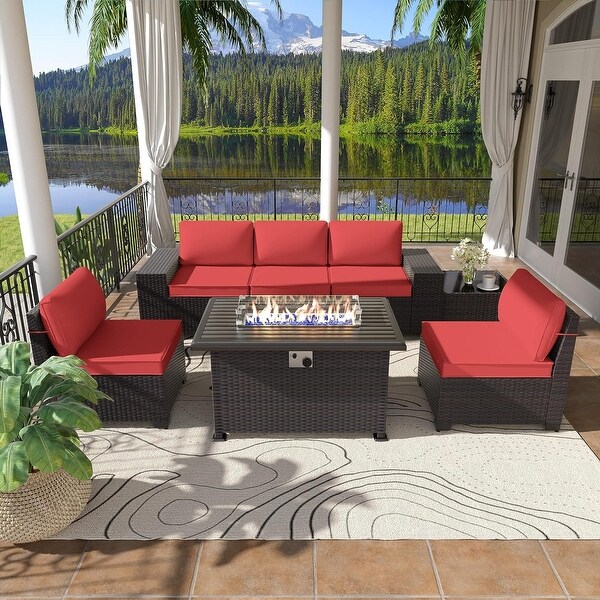 Kullavik 7 Pieces Rattan Outdoor Patio Furniture Sofa Set with Firepit