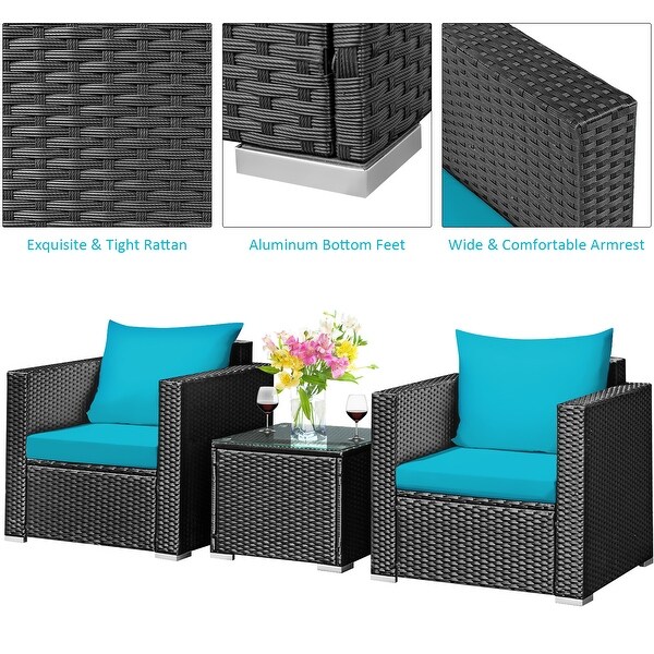 Costway 3PCS Patio Rattan Wicker Furniture Set Sofa Table W/Cushion