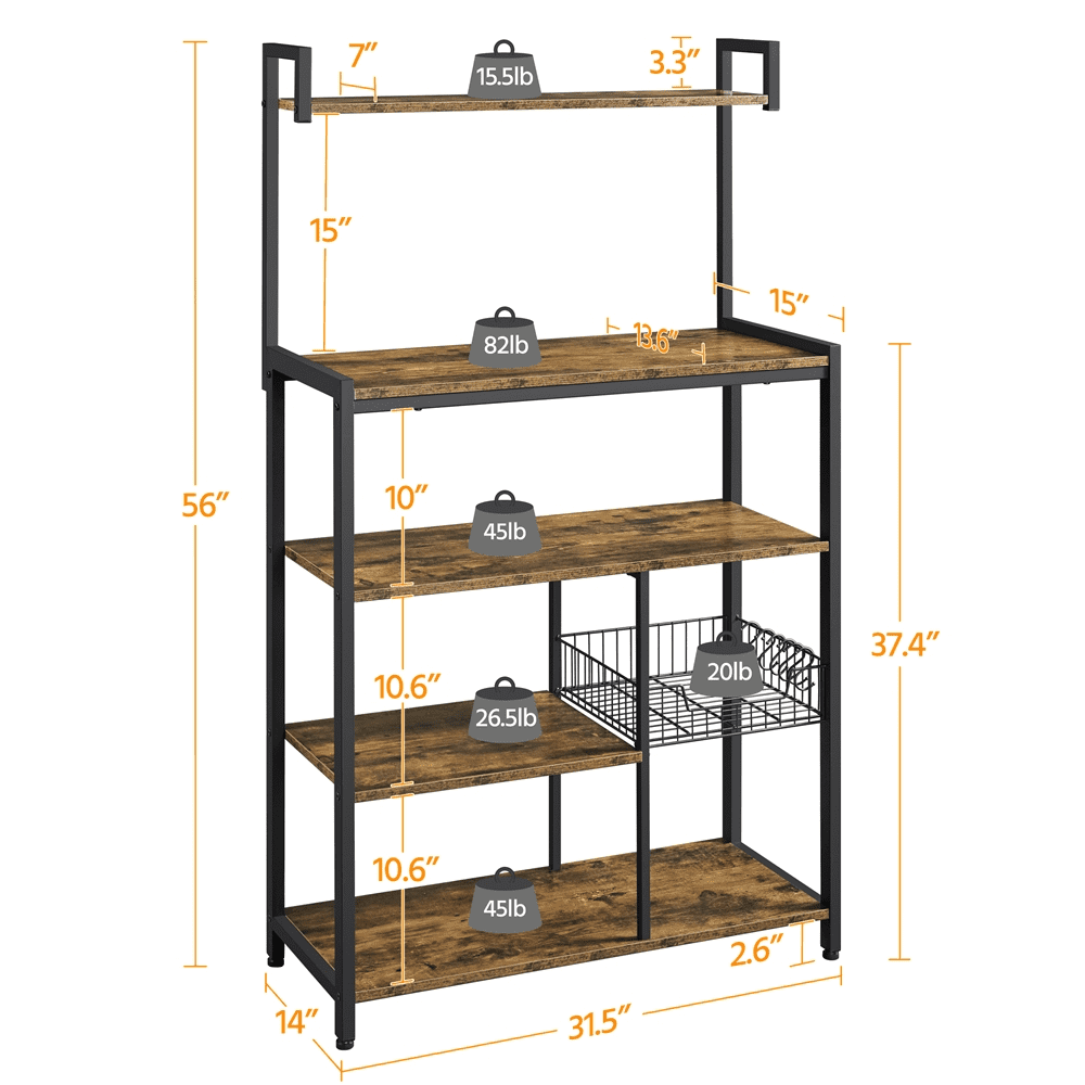 Yaheetech Industrial Baker's Rack With 4 Storage Shelves and 6 Hooks For Kitchen， Rustic Brown