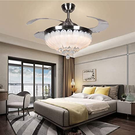 KPIBEST Modern Crystal Ceiling Fans with Lights， Remote Control - 3 Color Change 3 Speeds Chandelier Ceiling Fan Retractable Invisible Blades for Living Dining Room Bedroom， 42 Inch