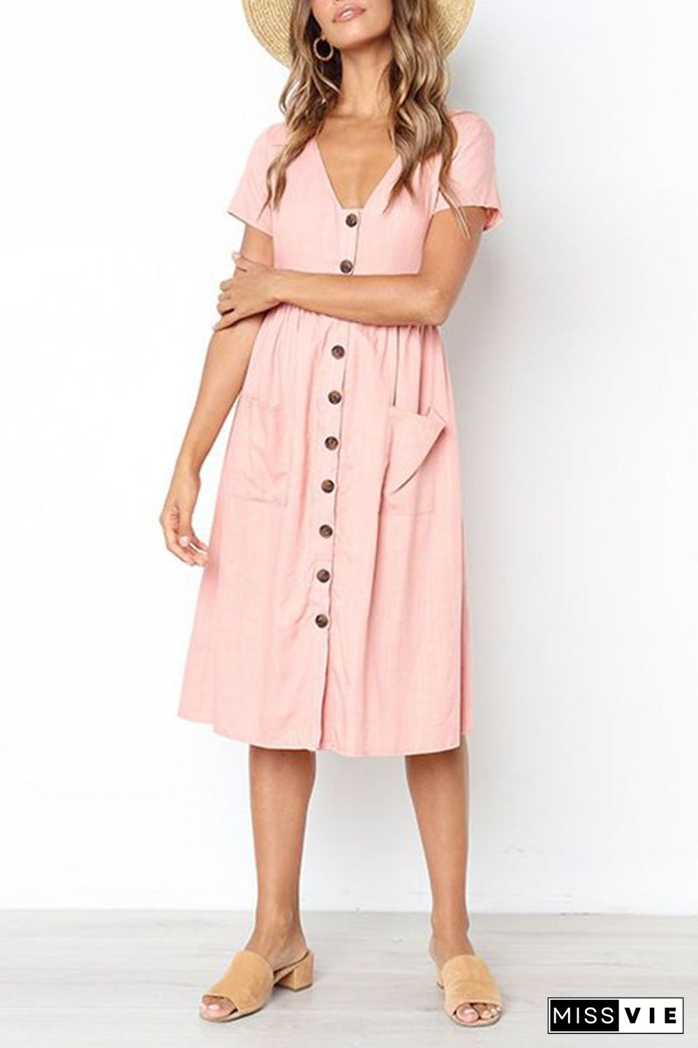 V-Neck Pocket Midi Dress(4 Colors)