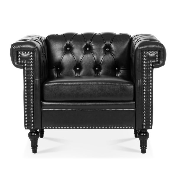 Livingroom Accent Chair， 1 Seater PU Cover Sofa Armchairs Rolled Arms Chairs Lounge Chairs with Nailheads， for Bedroom， Black