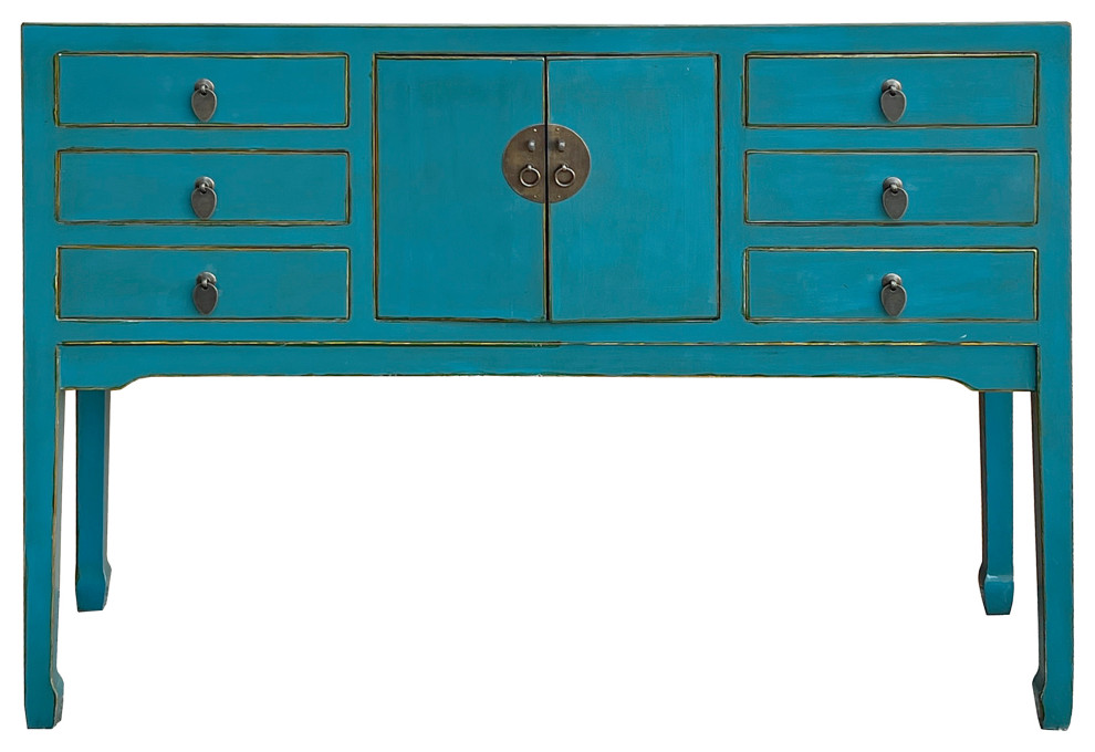 Distress Bright Blue Lacquer Tall Moon Face 6 Drawers Slim Foyer Table Hcs7566   Asian   Console Tables   by Golden Lotus Antiques  Houzz