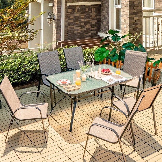 Costway 7pcs Patio Dining Set 6 Stackable Chairs Glass Table Umbrella Hole Yard