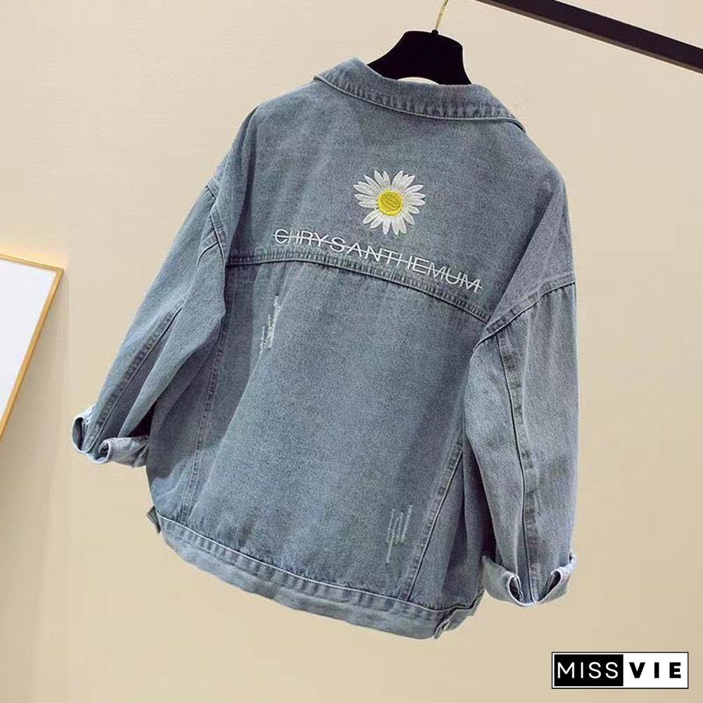 Trendy Brand Women'S Jacket New Denim Jacket Female Korean Version Of Loose Embroidery Bf Wild Daisy Top Coat Tide Ins Hot