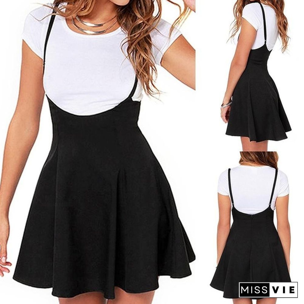 New Women Fashion Strappy Black Dress Pleated Mini Short Skirts A Line Brace Skirt