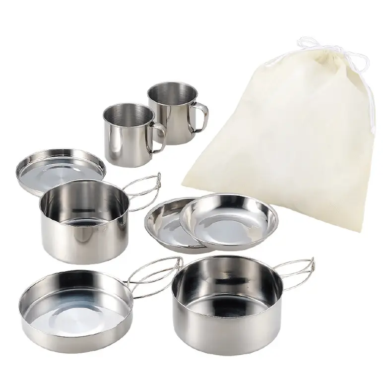 Stainless steel camping outdoor cookware Set of pots and pans portable hiking cookware Storage multifunctional pot camping pot