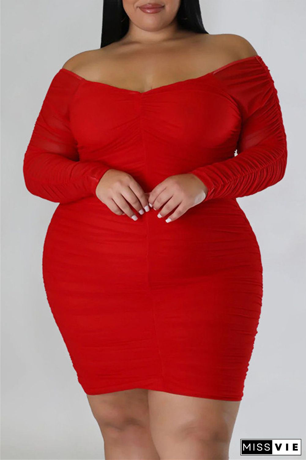 Casual Solid Basic V Neck Long Sleeve Plus Size Dresses