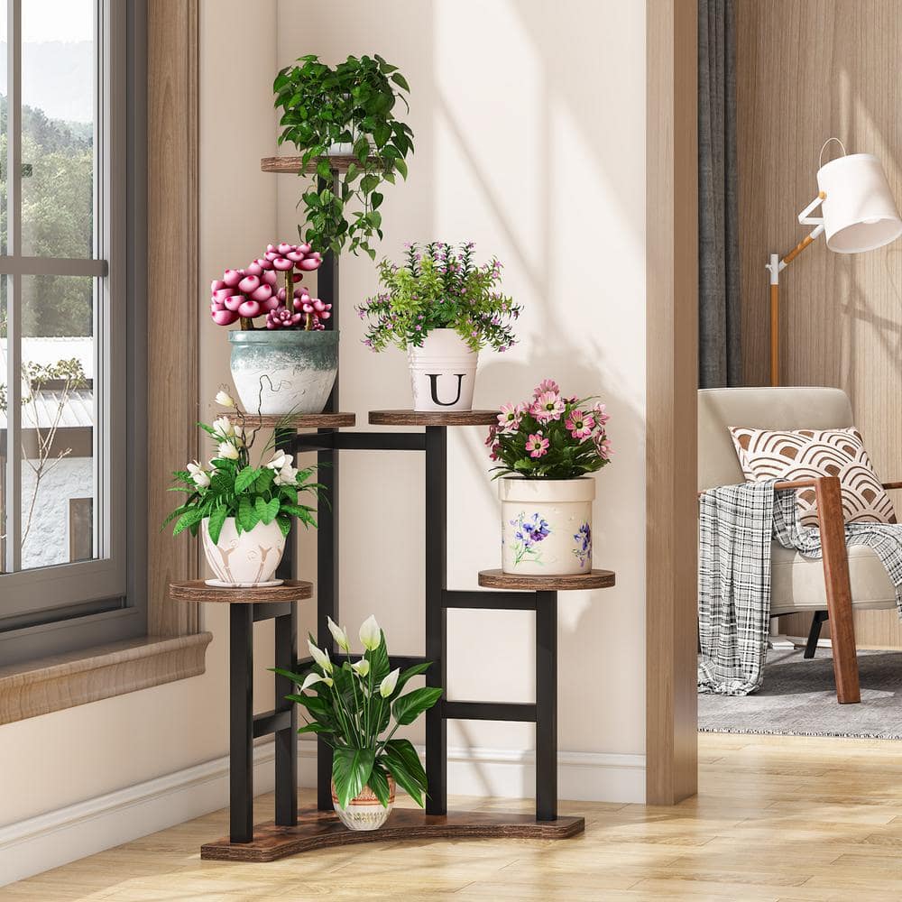 BYBLIGHT Wellston 43.7 in. Rustic Brown Round Wood Corner Plant Stand Indoor， 6 Tier Plant Shelf Flower Stand Tall Potted Plant BB-ZHS007XF