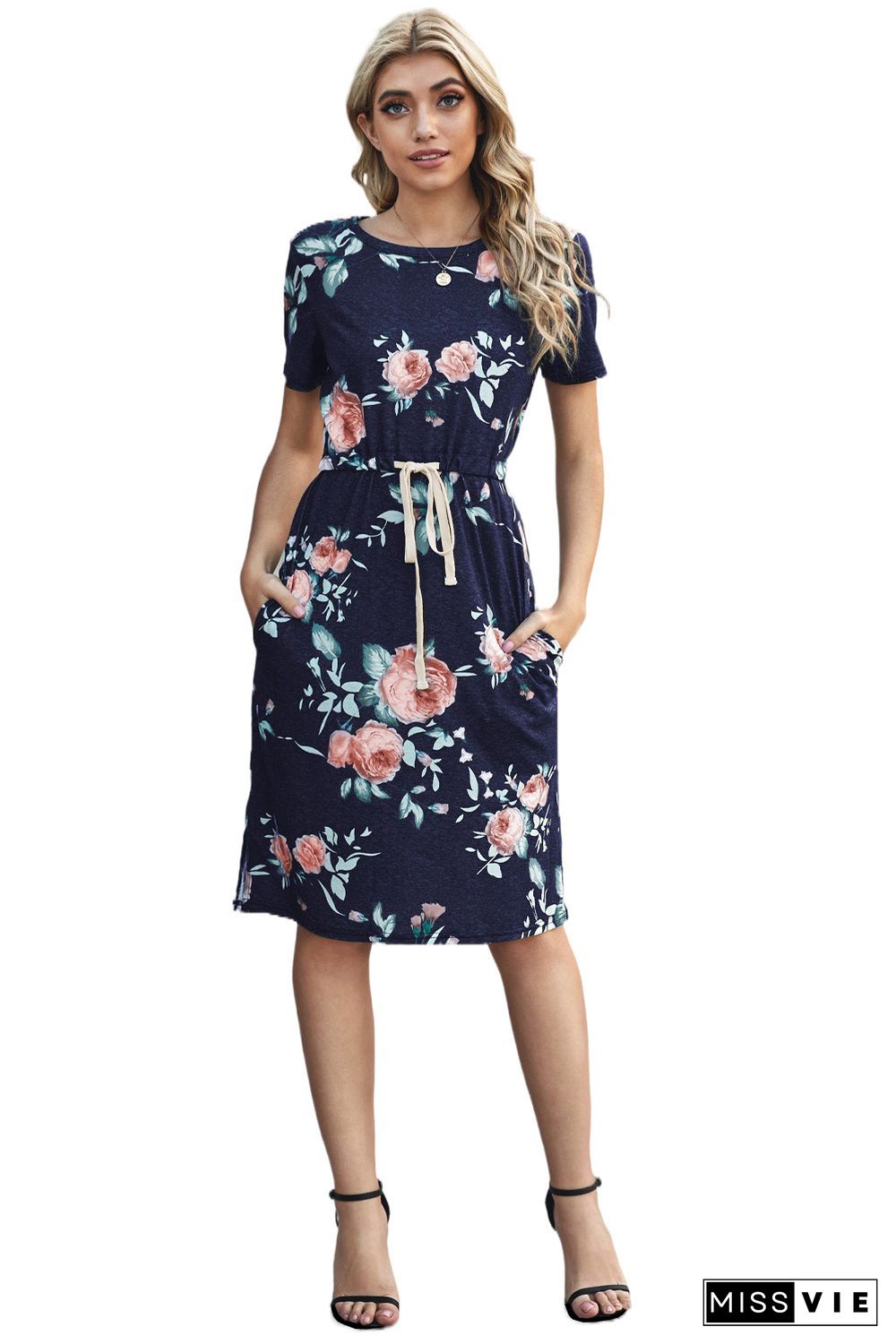 Blue Short Sleeve Pocketed Drawstring Casual Floral Dress