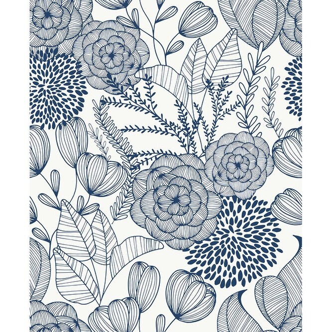 Navy/ White Secret Garden Floral Pattern Peel and Stick Wallpaper   216in x 20.5in x 0.025in