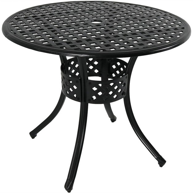 Sunnydaze Round Lattice Design Cast Aluminum Outdoor Patio Table With Umbrella Hole Black