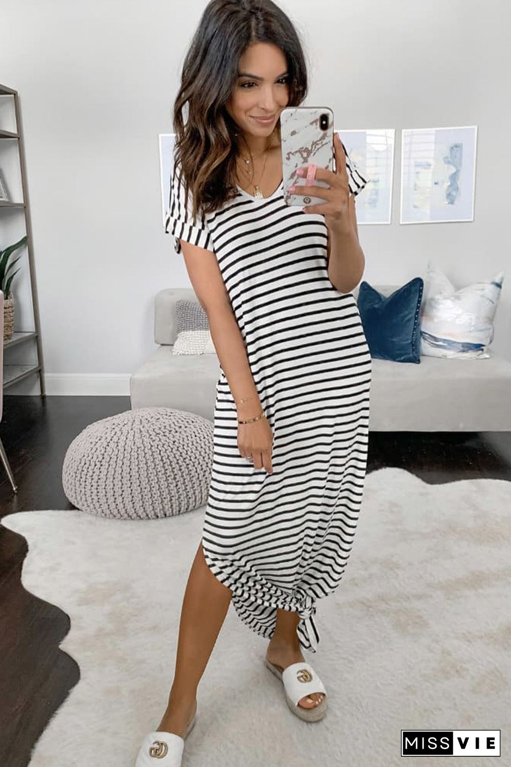 Black Striped Print Side Split Short Sleeve V Neck Maxi Dress