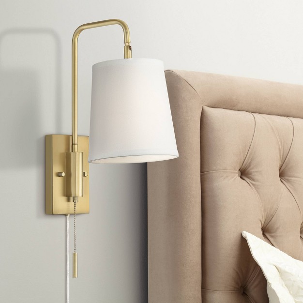 360 Lighting Luca Modern Swing Arm Wall Lamp Warm Brass Metal Plug in Light Fixture Up Down White Fabric Shade For Bedroom Bedside Living Room Reading