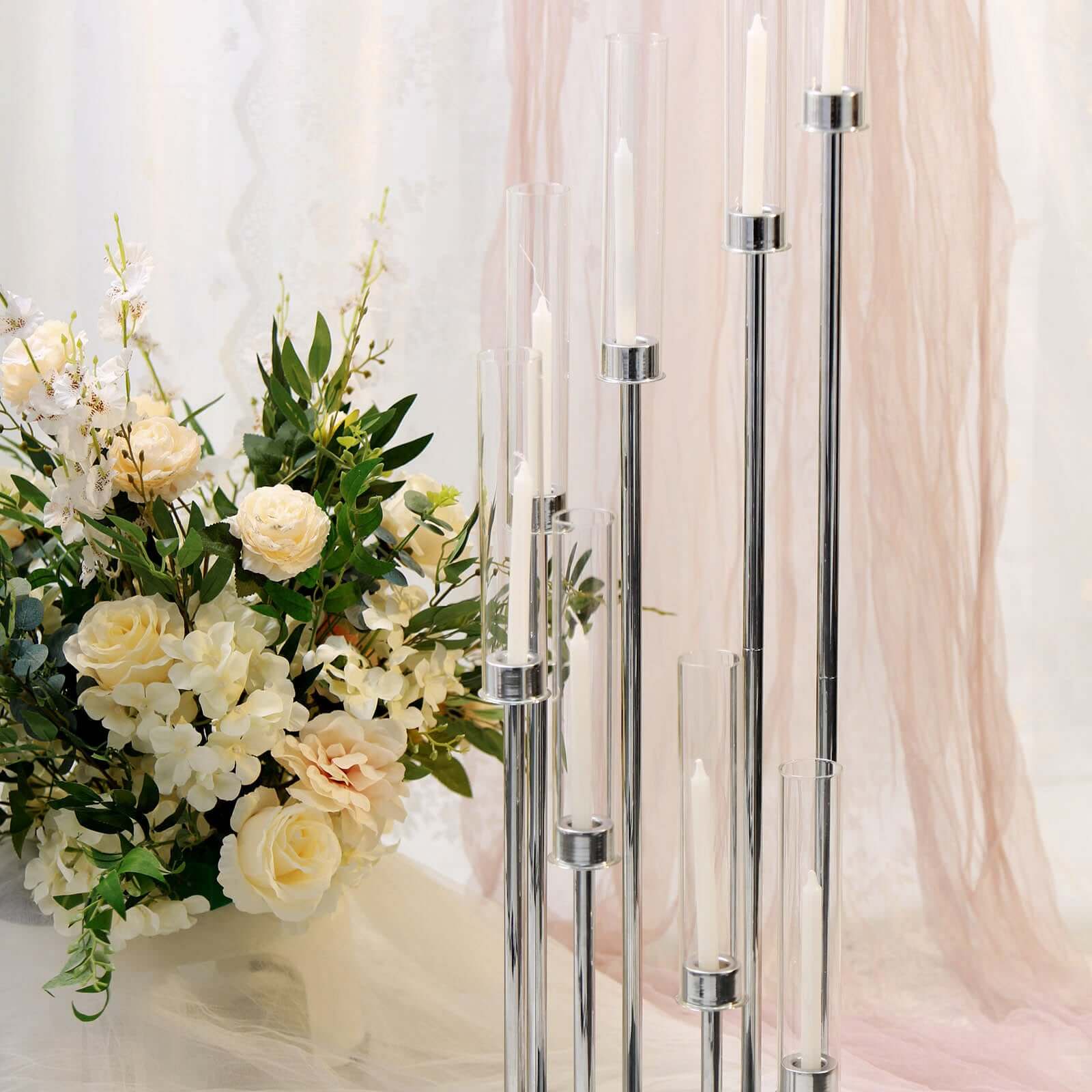 Silver 8 Arm Cluster Taper Candle Holder With Clear Glass Shades, Large Candle Arrangement 42