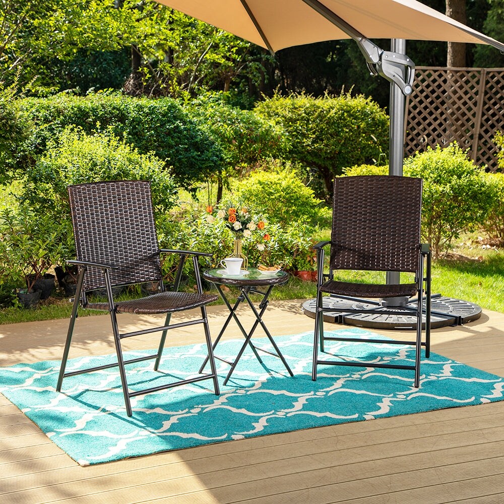 PHI VILLA 3/5 Piece Patio Rattan Folding Dining Set with 9ft Umbrella