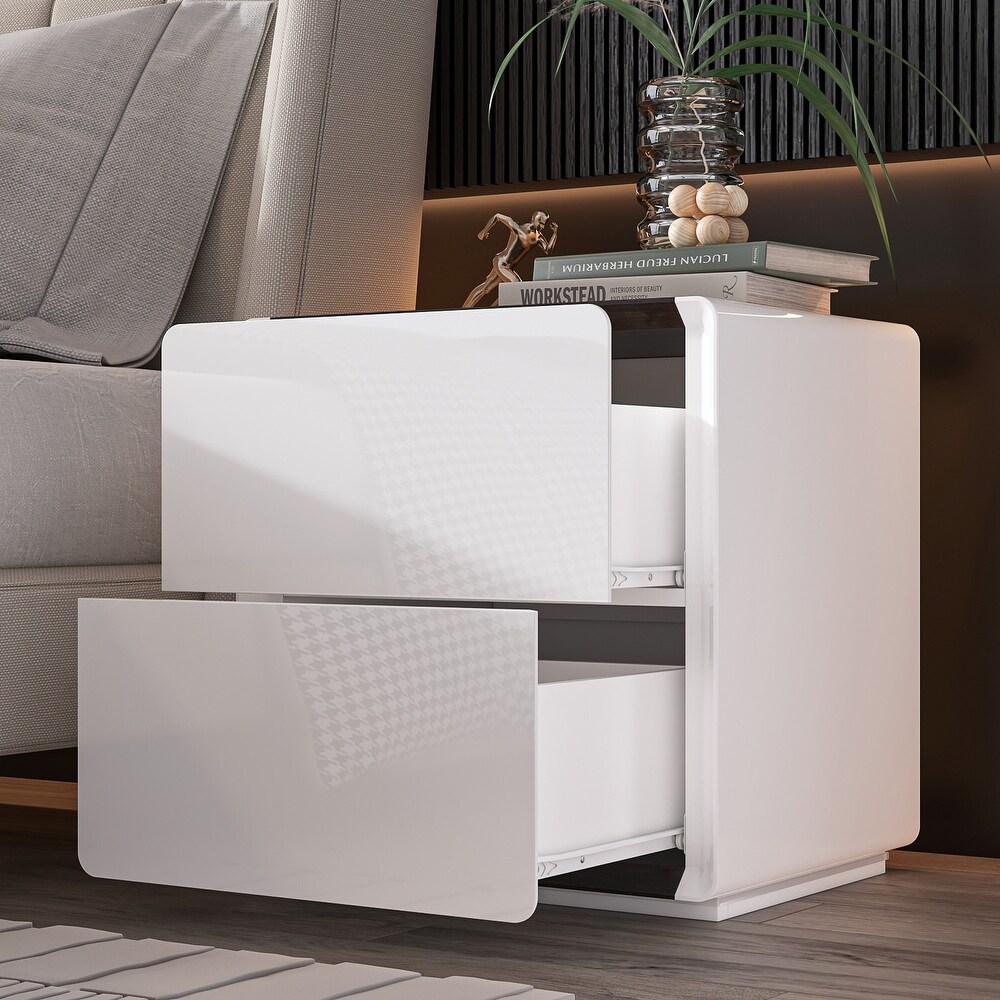 White Modern LED Nightstand High Gloss Bedside Tables with 2 Drawers