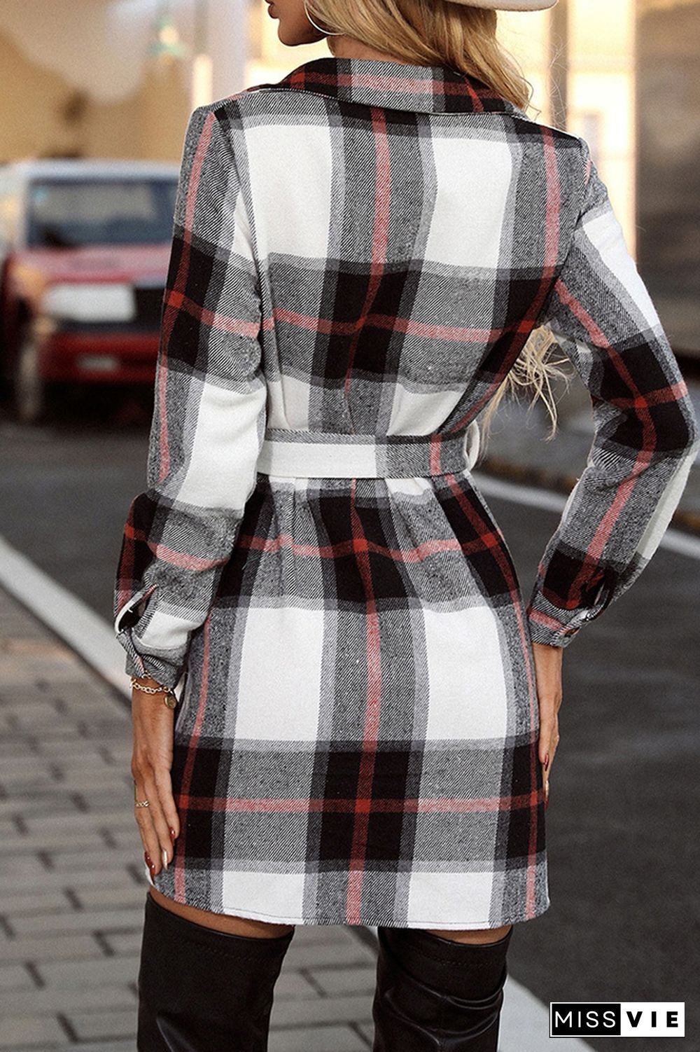 Open Button Plaid Long Jackets With Waist Belt Wholesale