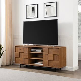 Welwick Designs 54.75 in. English Oak Wood and Metal Modern Checkered TV Stand with 2 Sliding Doors for TVs Up to 55 in. HD9367