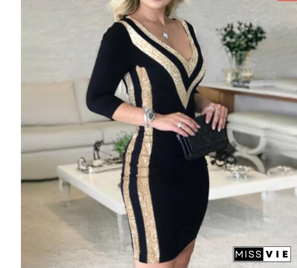 Women Sexy V Neck Long Sleeve Party Dress Striped Tape Bodycon Dress