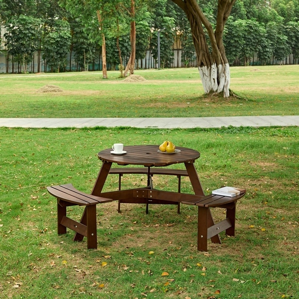 Outdoor Round Picnic Table Set with Builtin Benches and Umbrella Hole