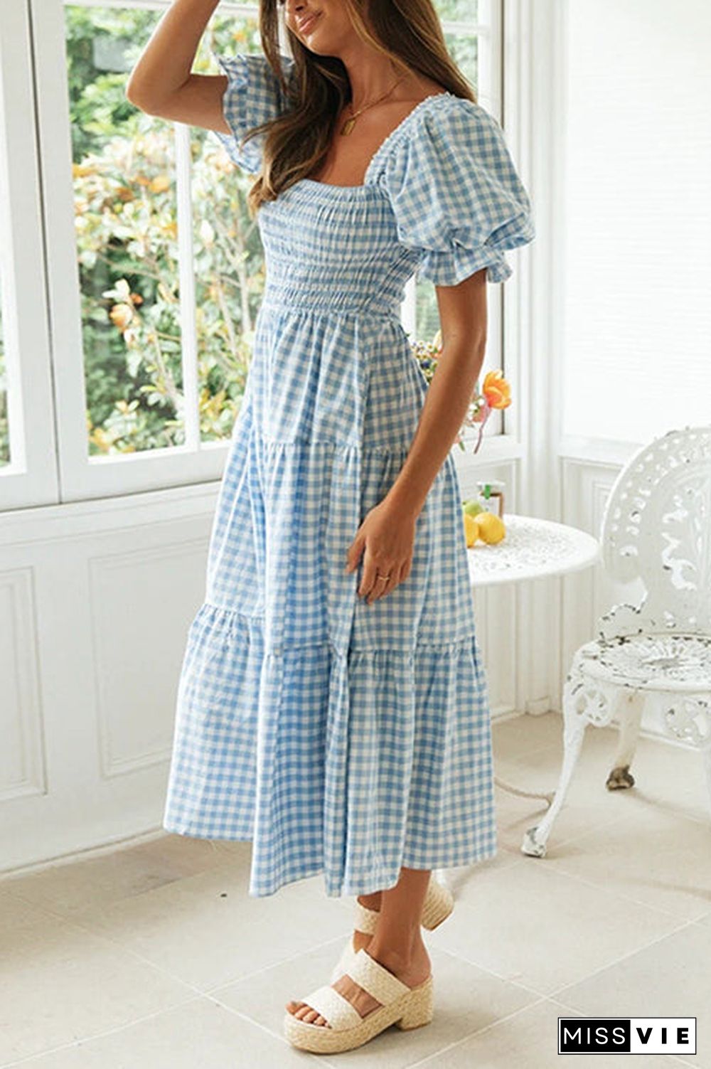 Plaid Square Neck Puff Sleeve Midi Dress