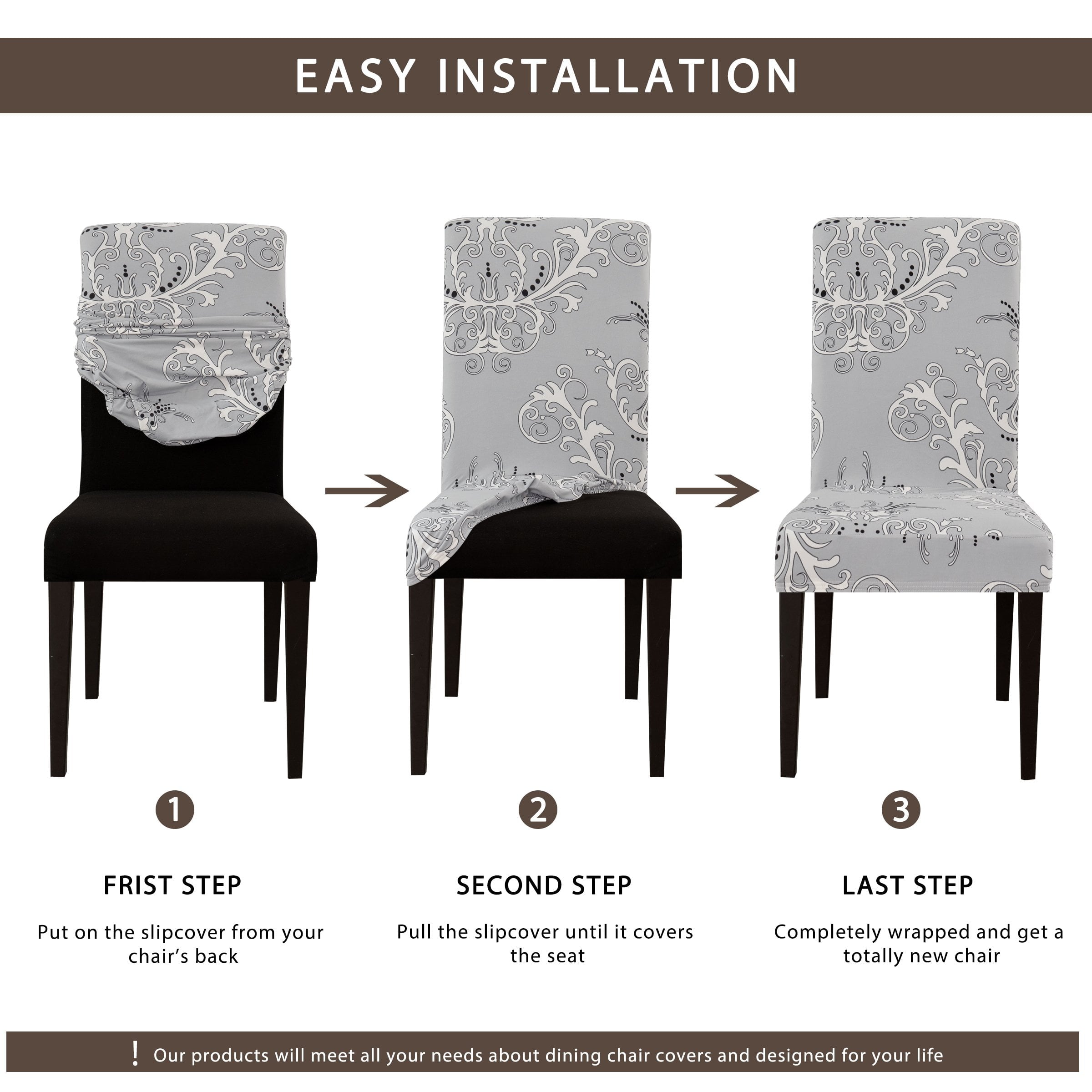 Subrtex Stretch Dining Chair Covers with Elastic Bottom, Printed Floral Stylish Furniture Protector (Set of 4, Gray)