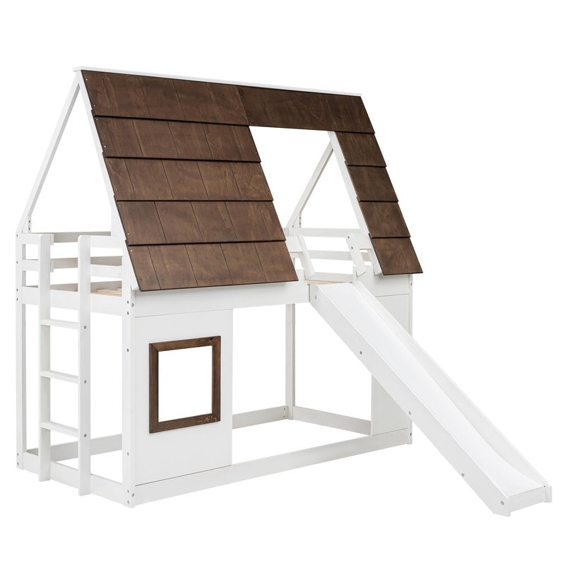 Twin Size Roof Wood House Bunk Bed With Ladder Side Stairs and Slide