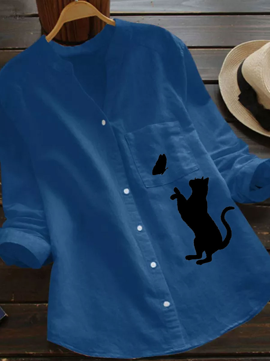 V-neck Casual Loose Cat Print Long-sleeved Blouse