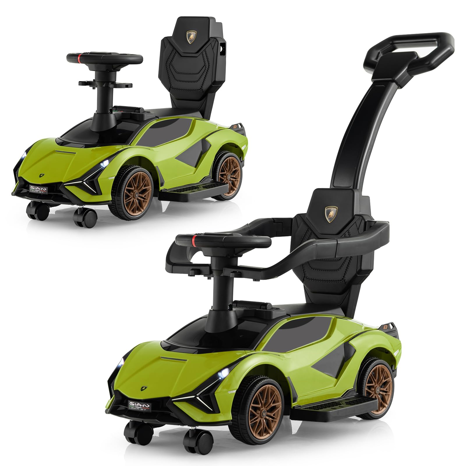 Costzon Push Car for Toddlers, 3-in-1 Licensed Lamborghini Sliding Car w/Removable Handle & Guardrail