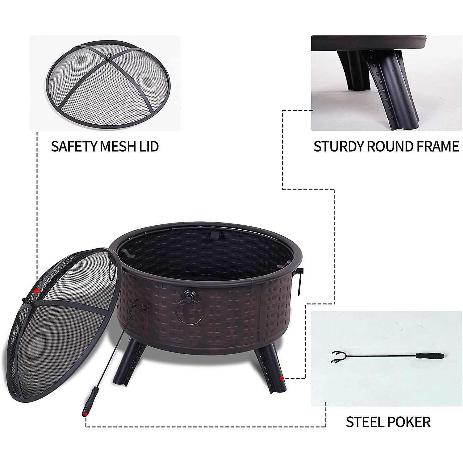 Fire Pits For Outside，round Deep Bonfire Wood Burning Fire Pit With Spark Screen Cover Safe Mesh Lid And Poker