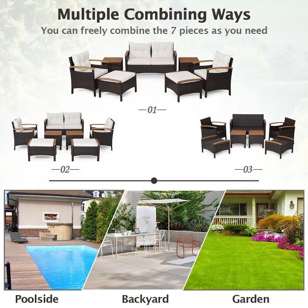 Costway 7pcs Patio Rattan Furniture Set Cushion Armrest Loveseat Ottoman Table