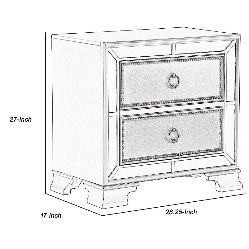 2 Drawer Wooden Nightstand with Mirror Trim and Ring Pulls， Silver