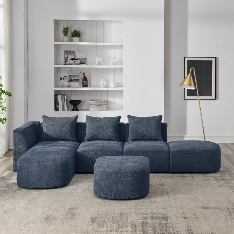 Modular Sectional Sofa  4 Seat Sofa Loop Yarn Fabric L Shaped Couch with Left/Right Chaise and Ottoman for Living Room Bedroom