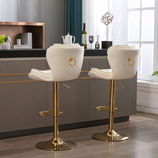 Set of 2 Bar Stools，with Chrome Footrest and Base Swivel Height Adjustable Mechanical Lifting Velvet + Golden Leg