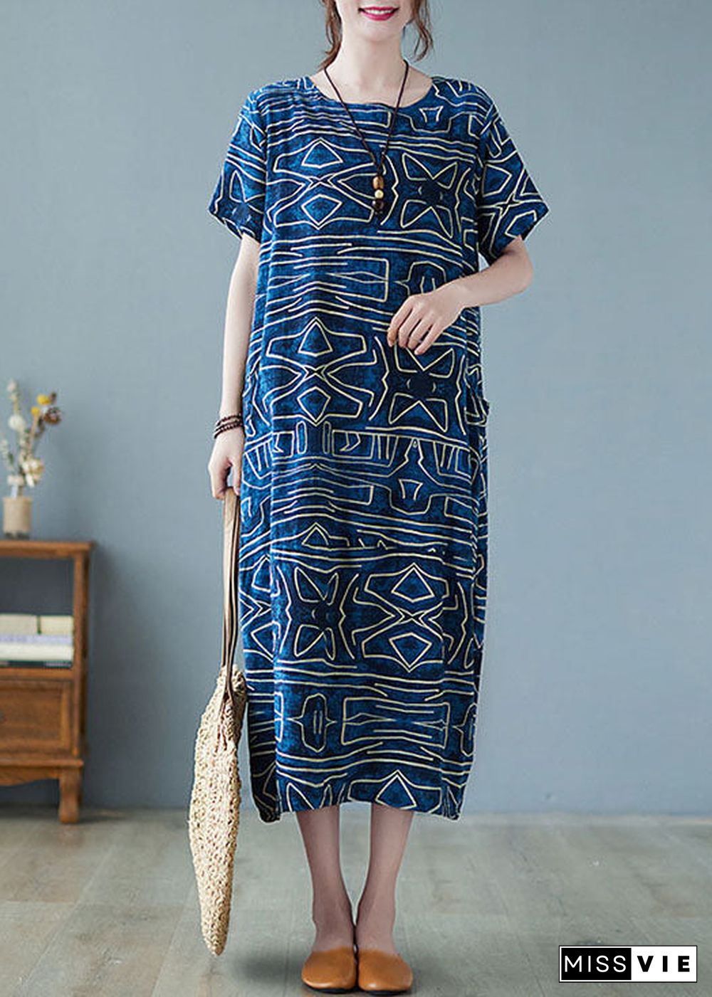 Italian Blue O-Neck Geometric Print Pockets Cotton Maxi Dress Short Sleeve