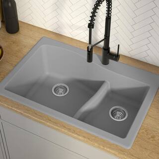 KRAUS Quarza Drop-inUndermount Granite Composite 33 in. 1-Hole 6040 Double Bowl Kitchen Sink in Grey KGD-442GREY